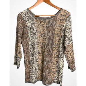 NIC+ZOE Brown and Cream Knit Round Neck 3/4 Sleeve Lightweight Sweater Medium
